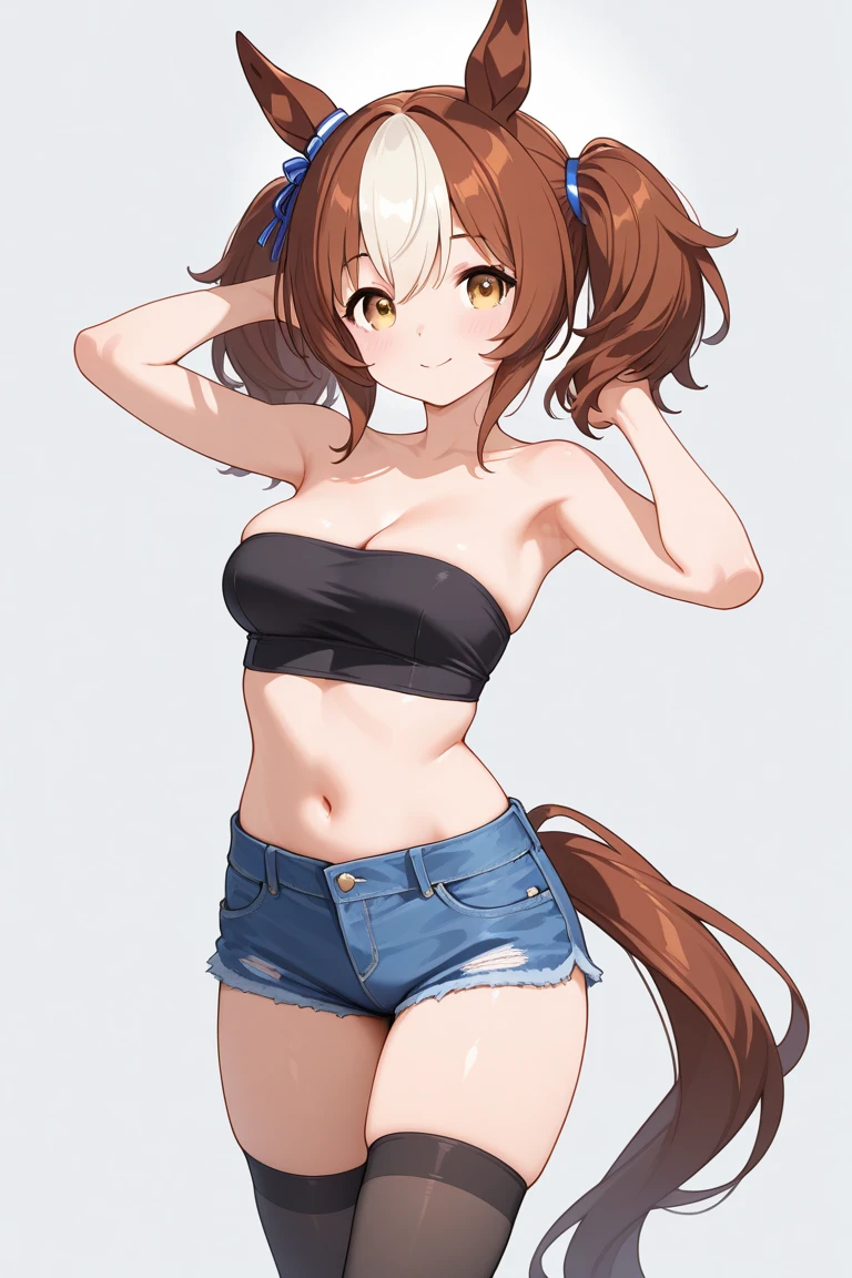 high quality, alternate costume, clear skin, (masterpiece, best quality, ultra detailed, detailed background, complex background), (perfect face, detailed face), perfect anatomy,(highres) BREAK <lora:copano_rickey_locon_c16_cycle2:0.7> copano rickey \(umamusume\),large breasts, completely nude BREAK black bodysuit,covered navel, skin tight, shiny skin,horse tail, BREAK smile,closed mouth,standing,hands_down,v arms,bent over,upper body,from behind,solo focus, looking at viewer,