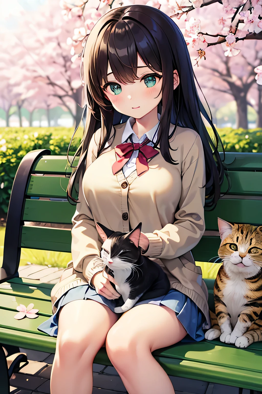 Best Quality、high resolution、(high image quality:1.4)、masterpiece、detailed background、(Highly detailed faces:1.3)、(detailed eyes:1.3)、age beauty、(huge breasts:1.3)、anatomically correct、Perfect Body Line、Soft brown hair、
(Sleepy girl holding a cat on a park bench with warm spring sunlight:1.5)、
A fluffy white cat is curled up next to her, taking a comfortable nap together、Cherry blossom petals are dancing on the breeze, creating a gentle spring atmosphere、A calm and dreamy spring afternoon scene、A dress in pale pastel colors、A light, spring-like cardigan in mint green、A handkerchief with a small floral pattern、A ribbon in spring colors、A tote bag made of natural fabric、cute