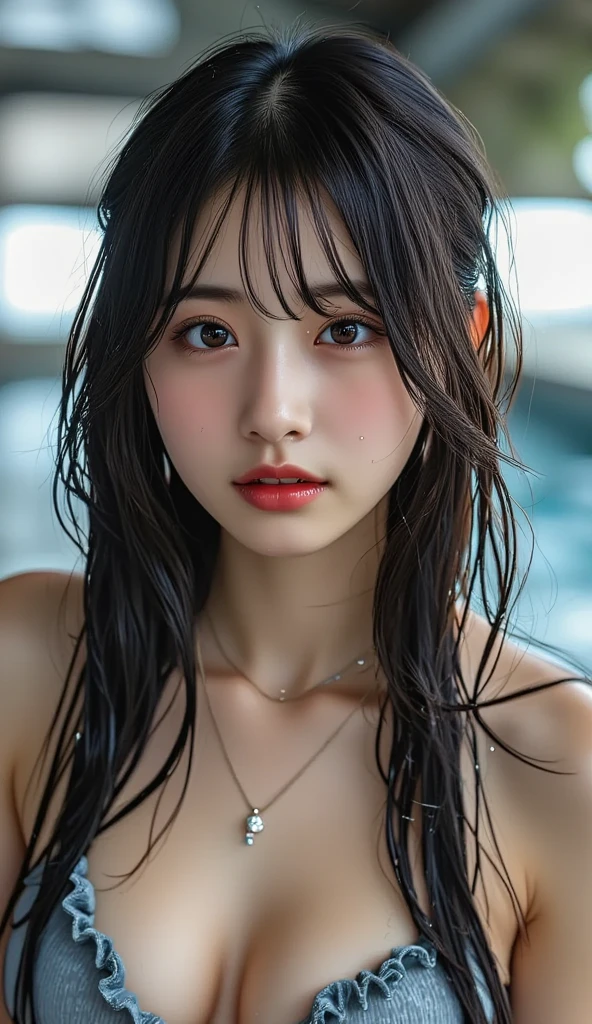 Uruchan-6500-v1.1, (RAW Photos:1.2), (Photorealistic), Beautiful detailed girl, Very detailed目と顔, Beautiful and beautiful eyes, Large file size, High resolution, Very detailed, Highest quality, [masterpiece:1.6], Awareness-raising, Very detailed, CG, finely, Highest quality, 8k wallpaper, Cinema Lighting, 1 Girl, 17 years old, Perfect figure, Large and firm breasts、【Huge boobs、Heavy chest】、Cute droopy eyes、Beautiful big eyes、Sweaty and wet、【sexual excitement:1.6】、(My whole body is wet:1.2)、There&#39;The light in my eyes、short hair、high school girl、(Japanese School Swimsuit、Navy blue one-piece swimsuit、Navy blue Japanese student swimsuit:1.3)、Pool、Dynamic pose、Huge Rim Figure