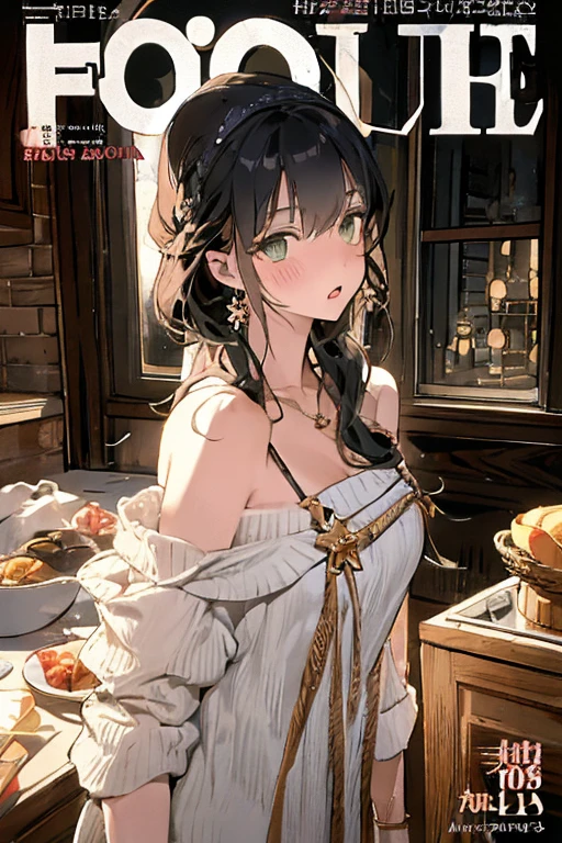 (Small breastss:1.3), (Firm breasts:1.1), (Pointed Chest:1.0), (Pudding cake magazine cover:1.3)，(From above:1.0),(From the side:0.9),masterpiece, One girl, Great cleavage:1.1, Narrow waist, BIG ASS, Raised to be sexy, Small breasts: 1.3, Posing and showing off cleavage:1.2、alone, Open your mouth, cute beer glass cute grass,Black Hair, Dark green eyes, dress, Exposing shoulders, jewelry, clavicle, Side Lock, hair band, Earrings, indoor, Off the shoulder, sweater, Put your arms behind your back, plant, short hair and long locks, gild hair band, sweater dress:1.2, off-shoulder sweater, red sweater, Dark Gorgeous Hair, Big side hair, Very long side hair,Rendered (masterpiece: 1.2, highest quality), and (Ultra-high resolution) And exquisite (Depth of written boundary). This masterpiece is not only visually stunning but also tells,Cooking in the classroom kitchen ,View Viewer, 