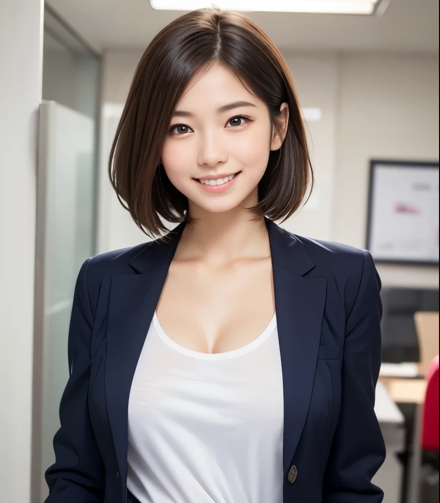 (8K, 超A high resolution, Best Quality, masutepiece:1.2),(18year old:1.2)、(Dishonest laughter)、(Look away)、8K、RAW portrait of japanese girl、Photorealsitic、超A high resolution、top-quality、 (Relatively large breasts, cleavage:1.2),(Jacket and braless :1.3)、(From below:1.2)、sit a chair、Cross your arms、(Panchira:1.2)、(s Office:1.4) BREAK (Natural Skin Texture、Detailed skin、Hyper-Realism、ultra sharpness)、intricate detailes、depth of fields、Dim lighting、Korean Idol、Nogizaka Idol、hposing Gravure Idol、actress、Fashion Model Pose、tall