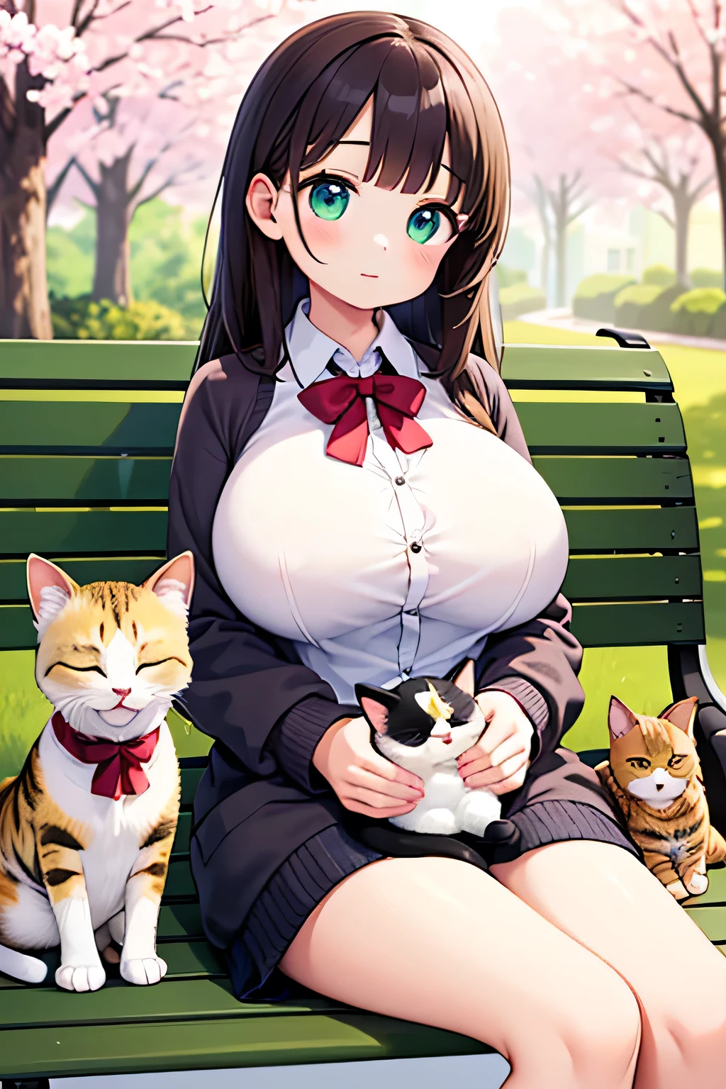 Best Quality、high resolution、(high image quality:1.4)、masterpiece、detailed background、(Highly detailed faces:1.3)、(detailed eyes:1.3)、age beauty、(huge breasts:1.3)、anatomically correct、Perfect Body Line、Soft brown hair、
(Sleepy girl holding a cat on a park bench with warm spring sunlight:1.5)、
A fluffy white cat is curled up next to her, taking a comfortable nap together、Cherry blossom petals are dancing on the breeze, creating a gentle spring atmosphere、A calm and dreamy spring afternoon scene、A dress in pale pastel colors、A light, spring-like cardigan in mint green、A handkerchief with a small floral pattern、A ribbon in spring colors、A tote bag made of natural fabric、cute