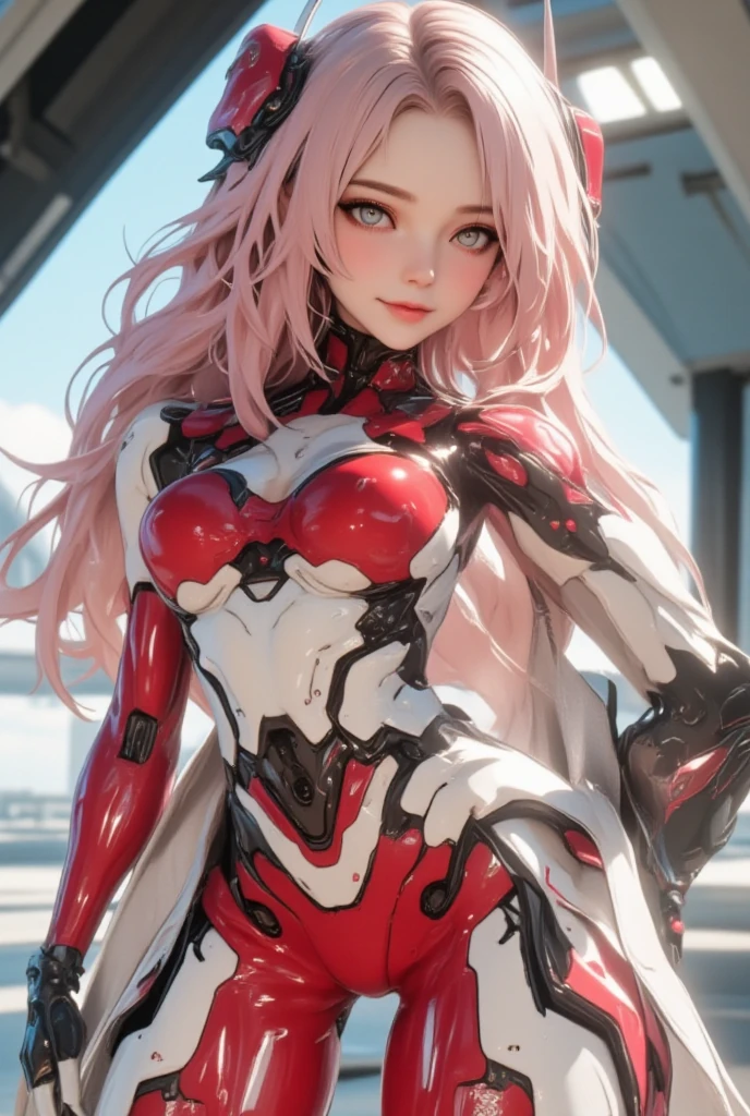 zero two \(darling in the franxx\), darling in the franxx, <lora:zerotwo_offset:1>, highres, masterpiece, best quality, detailed, perfect lighting, beautiful highly detailed face, masterpiece detailed, cinematic lighting, adult, highly detailed skin, perfect skin, intricate details, female, looking at viewer, portrait, upper body, (RSEEmma:1.2), <lora:MISC-GlossyFace:0.2>, <lora:MISC-BreastInClass:0.2>, cleavage, bodysuit, blue eyes, long hair, pink hair, red bodysuit, red horns, solo, sci-fi, outdoors