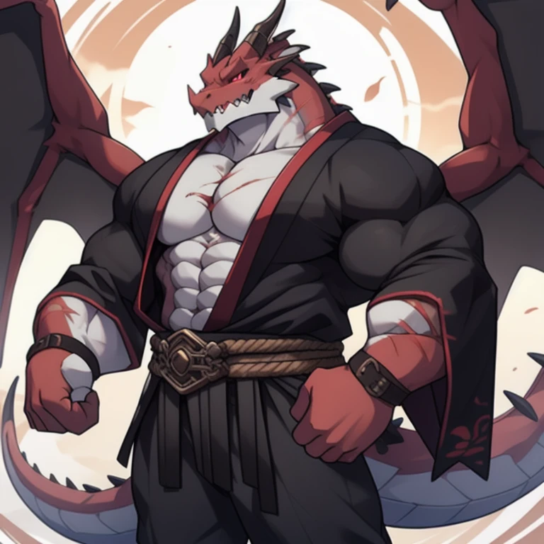 masterpiece, Anthropomorphic Black Dragon, ,There is a pair of beautiful dragon horns., Black Dragon Scales,1 tail, very muscular body, nice, Shorts only full body rubber suit 8 packs of firm abs Amazing arm muscles good looking Pants down I can see my crotch Erotic Muscular arms I can put strength in my arms Skin radiance beautiful abs priest clothing