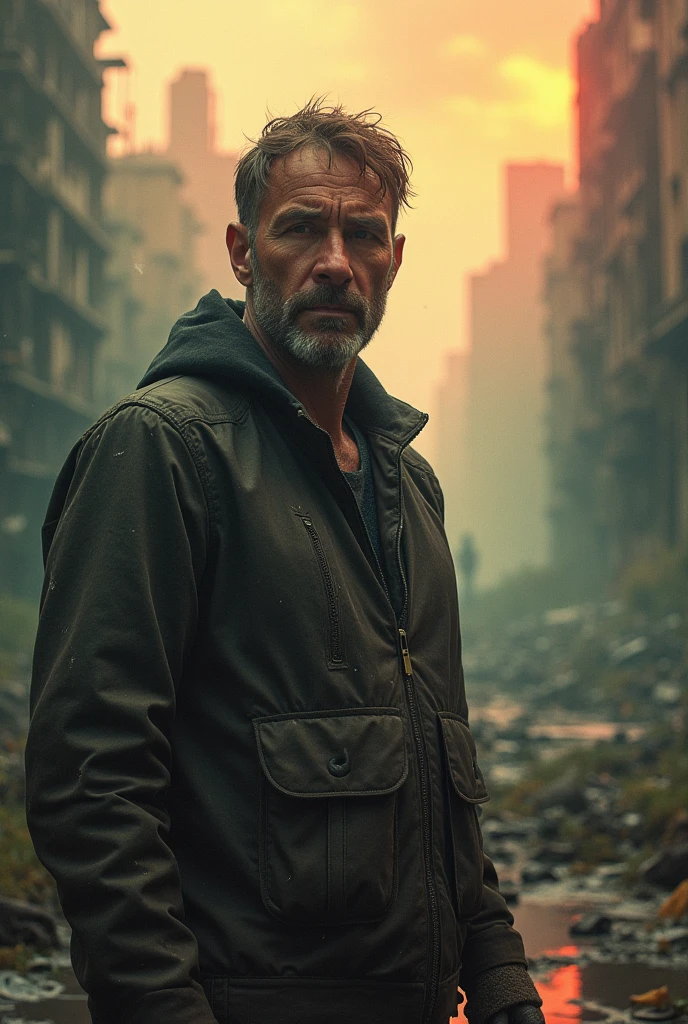 character who is a 32-year-old soldier in an apocalypse with facial wounds and a little emaciated in civilian clothes and his military pendant and also with a t-shirt