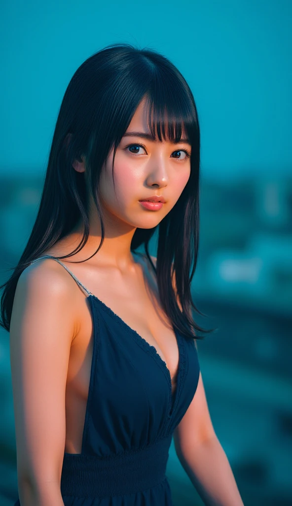 A very cute face like an idol、One 20-year-old woman with a youthful appearance、((leica 50 mm prime lens, cinestill 800T film))、(Cleavage)、(((Beautiful starry sky on the beach at night)))、((Very dim lighting))、((Don't expose your face to the light))、((Long-distance shot))、(live-actionと見分けがつかない高品質)、RAW Photos、Genuine、live-action、(Artistic Expression)、High resolution、masterpiece
