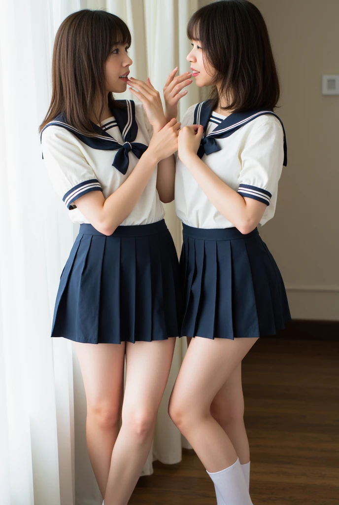 (8x_NMKD-Superscale_150000_G), (best quality), (high resolution), (masterpiece), ((bilateral symmetry:1.5)),((cowboy shot)), ((Identical posture, identical clothing)),((((arms behind back)))), ((white and blue SAILOR uniform, pleated miniskirt, blue socks)), One girl in sailor uniform, 16 years old, trapped in basement