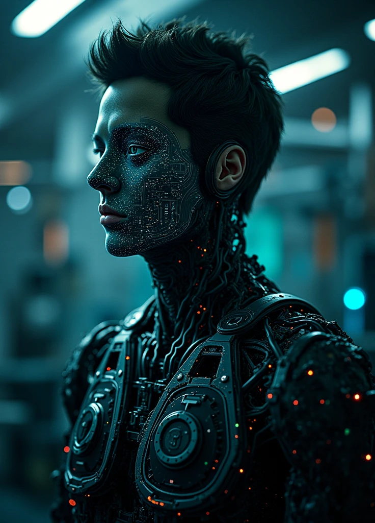 Change background cyberpunk handsome, Futuristic depiction of a perfectly tattooed man with high-tech mechanical prosthetics