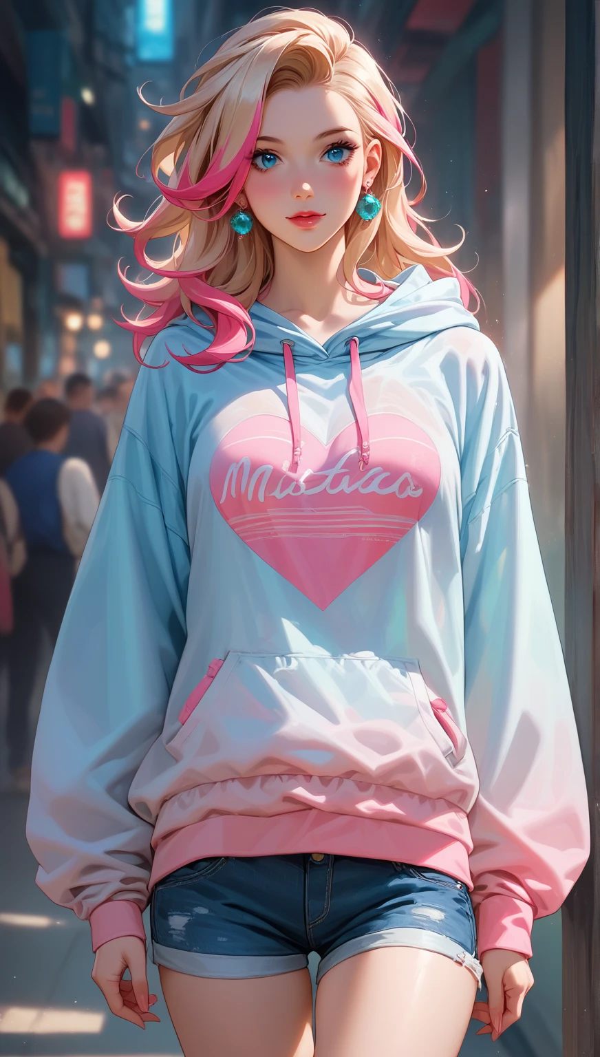 SLE, mksks style, best quality, masterpiece, detailed background, highly detailed, intricate, detailed face, long eyelashes, detailed eyes, (standing:1.1), (small breasts:1.3), (petite:1.2), (day, city:1.3),

(one girl, 1girl:1.1), (solo:1.3), (harime nui:1.0), (blue eyes:1.0), (blonde hair:1.0), (twin_drills, drill_hair, twintails:1.1), (eyepatch:1.2), (big_hair:1.3), (choker:1.2), (thick_lips, pink lips:1.3), (pale_skin:1.1),

(pink hoodie, oversized_clothes, pink yoga pants:1.3),

(smile:1.3) <lora:envybetterhandsLocon_beta2:1> <lora:AromaStyle-V9:0.65> <lora:klk_harime-10:1>
