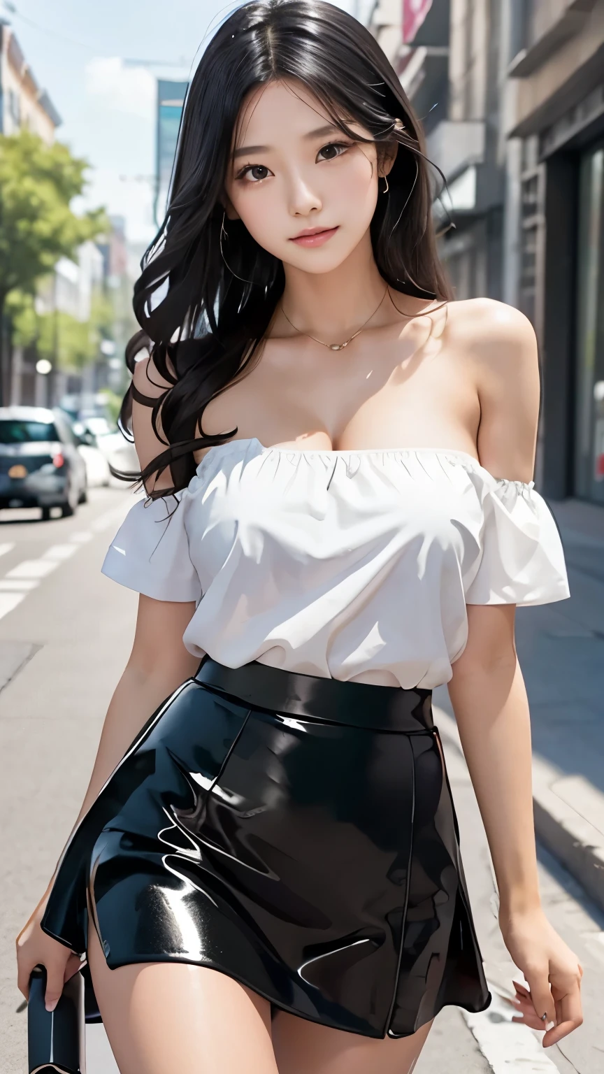8k, masterpiece, RAW photo, best quality, photorealistic, extremely detailed CG unity 8k wallpaper, Depth of field, Cinematic Light, Lens Flare, Ray tracing, (extremely beautiful face, beautiful lips, beautiful eyes), intricate detail face, ((ultra detailed skin)) 1girl, in the dark, deep shadow, pretty korean girl, kpop idol, 1 girl, (very slim slender fit-muscled body:1.3), ((looking at viewer)),(big smile:1.3), (tight mini dress), (sleeveless) , (fashion city night, dark night, (neon sign), (blurred background), fashion street night),(without people in the background:1.3), beautiful earrings, bracelets, necklace, pantyhose, clear eyes, walking , front shot, (pale skin), (big eyes), face forward, ((upper body shot)), ((silk white color skirt:1.3)),(brown hairs),((tight fitting laced skirt)), (laced panty), (see through), (looking at viewer:1.3) open breast, very slim, long legs, medium breasts, hermes bag ,camel toe, vulva shaped:1.25