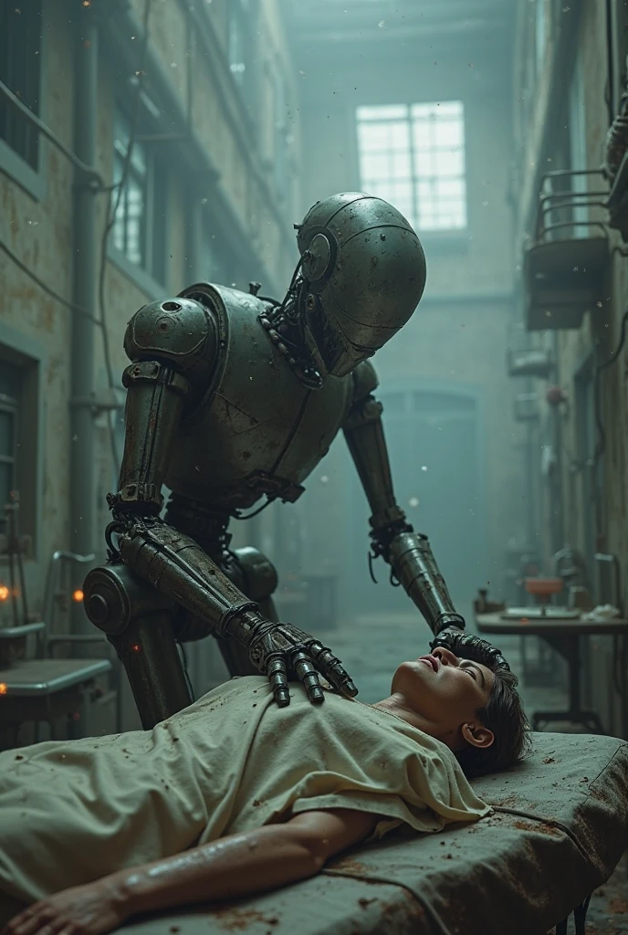 there is a man sitting on the floor next to a robot in a dark alley,in the background people sitting on the floor, inspired by Stefan Koidl, by Ludwik Konarzewski, dark photorealistic concept art, brom digital art, by Ludwik Konarzewski Jr, inspired by Grzegorz Domaradzki, james gurney brom, dark sci-fi art, sinister nostalgic conceptual art