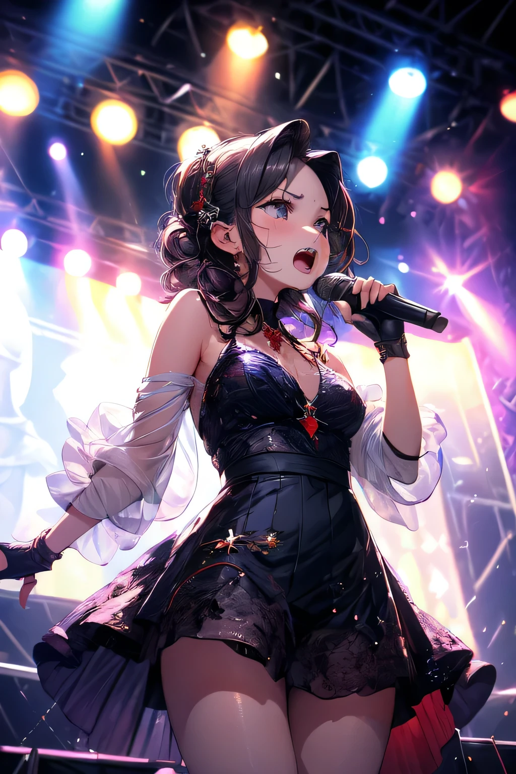 1girl,solo,cute,bigbreast,cleavage,idol,dress,she is singing,on the stage,spotlight