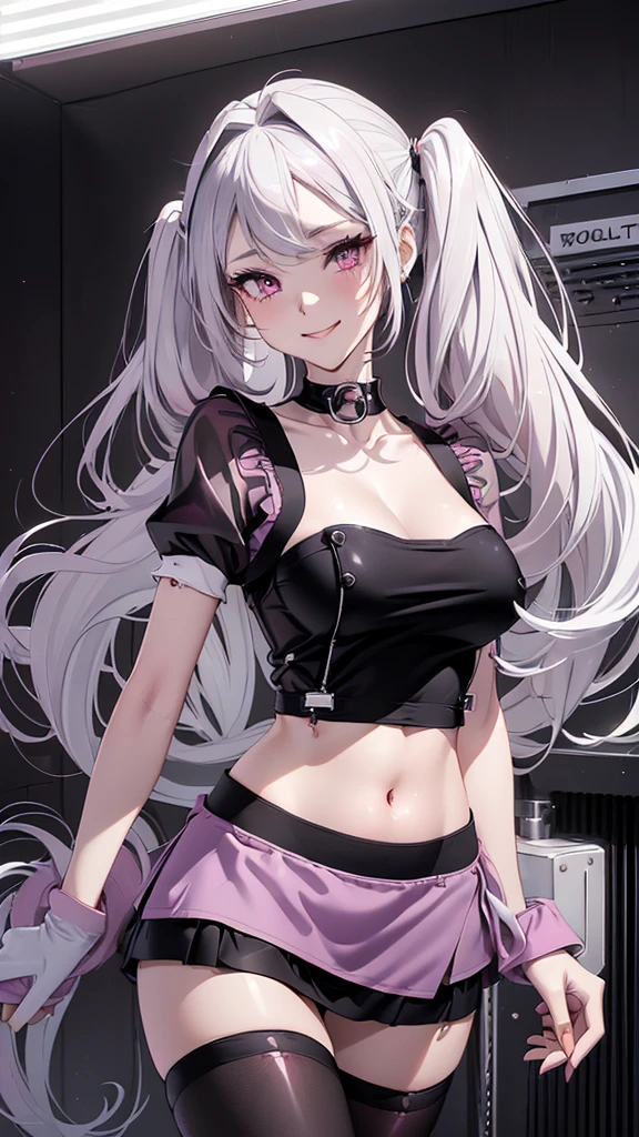 Silver hair, pink eyes, body, cat ears, sexy girl, earrings, kawaii background, hair bows, happy face,  thigh up, Professional photo