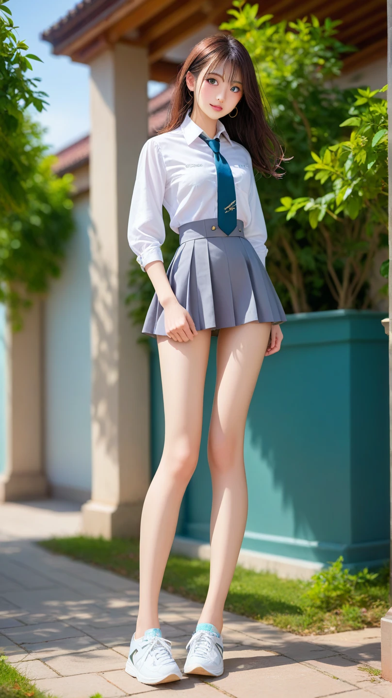8K raw photo, best quality, masterpiece, ultra high definition, film grain,sexy and attractive Japan woman, full body photo looking viewer, natural skin texture, realistic eye and face details, full lips, lipstick, (makeup), red eyeshadow, fluffy short hair, messy hair, smile, close mouth, long legs, good waist and long legs, long thin legs, graceful legs, nice legs, huge legs towering above you, big thighs, tall women, skinny, slim legs, solo, normal breasts, cleavage, super short skirt, buttocks, shirt, beautiful natural places, around flower positions, (detailed background), plaid skirt, white shirt, normal breasts, cleavage, show a little cleavage through shirt, loafers, blurry background, blurred, retention, plaid, short sleeves, full body photo, brown hair, bracelet, water, bangs, uniform, jewelry, parted lips, lips, from the side, pleated skirt,sneakers, depth of field PARENT