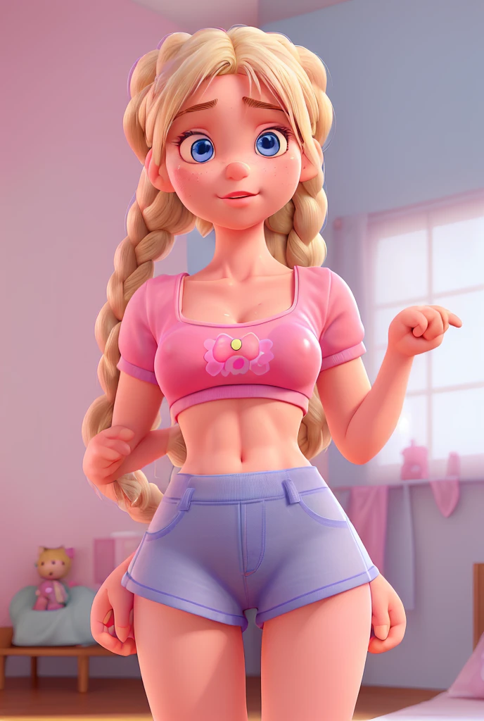 Foto hiperrealista en primer plano de Emily Sears , masterpiece, best quality, (photorealistic:1.4), full body, (crop top :1.1), ( Seamless Shaping Boyshorts Panties:1.2), loving room, cinematic light, beautiful woman, skinny, small breasts, straight hair, detailed face, smile,