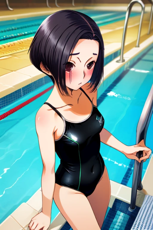camel toe:1.4, (flat chest), ((Erect nipples:1.3)), Sweat, (((long gloves:1.3))), brown loafers, black calf length socks, Open your thighs wide to the left and right, squat on the ground, show off your crotch to the viewer, ((Latex high-necked competitive use Swimsuit:1.3)), sit, spread your legs:1.3, (((arm behind head))), , absurdists, low twintails, flat lighting, elevation angle, sexy pose, highest quality, Complex, surreal, perspective, very detailed, detailed background, shape, 1 girl, alone, small breasts, light smile, embarrassing, blush, (((Pool side))), (Sweat),