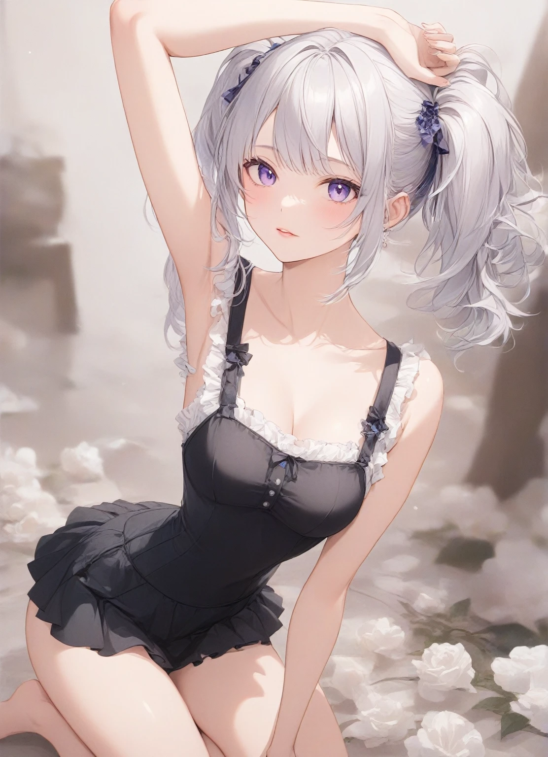 (masterpiece, best quality:1.2), (solo), (1girl), best quality, (photorealistic:1.4),ultra detailed, solo, (full body:1.5), looking at viewer, cave, arms up, keqing (genshin impact), love in eyes, double ponytail, bow hairpins, blushing, smug, smile, drooling, rolling eyes, white bow tie, maid outfit, long sleeves, miniskirt, large breasts