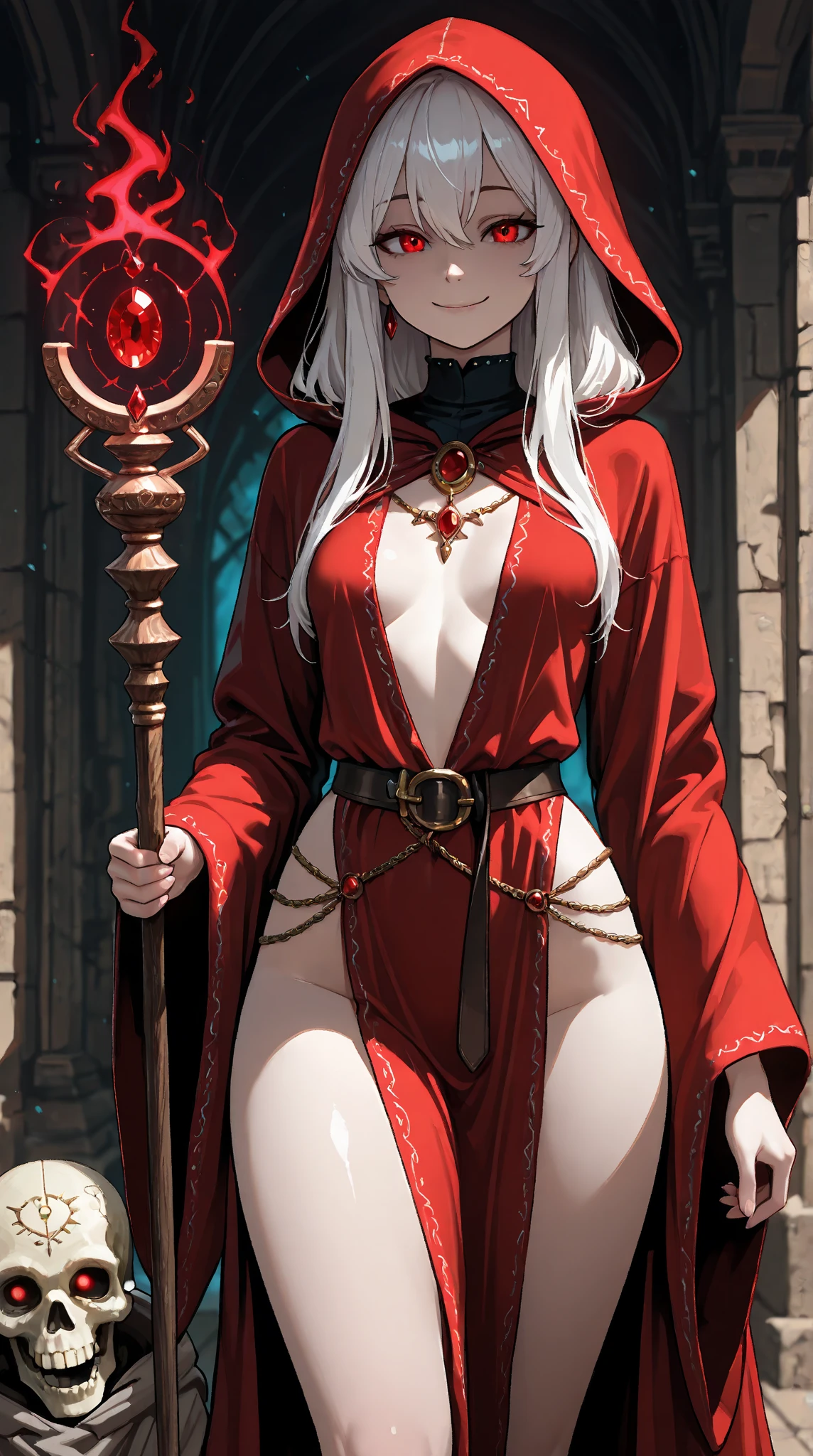 (High quality, High resolution, Fine details), dark elf, dark forest background, flowing robes, solo, curvy women, BREAK silver hair, sparkling eyes, (Detailed eyes:1.2), BREAK red eyes, smile, blush, Sweat, Dark Skin, Oily skin, Soft tones, shallow depth of field, soft lighting, magical aura, ethereal glow, full body, small breasts