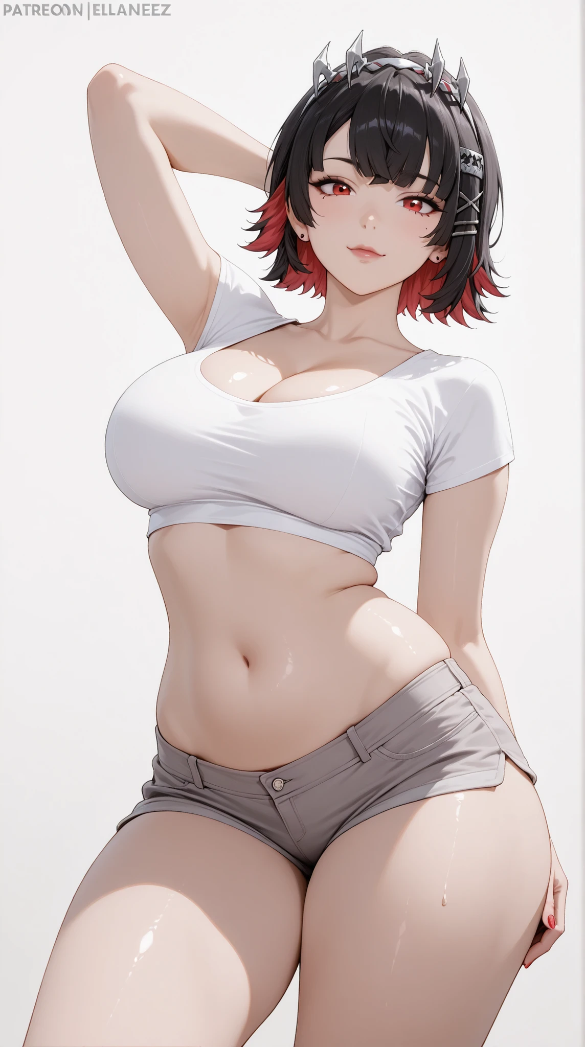 masterpiece, extremely detailed, perfect skin texture, 4k, solo, 1girl, adult,((fullbody)), stand up, ellen joe, sexy legs, perfect body, large breasts, white tshirt, grey shorts, housewife, soft light, high detailed, best quality, midriff, navel, navel line, belly, bare belly, sexy, hot girl, hot woman, big breasts, sexy girl, sexy woman, korean face, beautiful, thick thighs, thigh thighs, upper body, tshirt, crop top, beautiful girl, beautiful woman, hot pose, perfect hands, wide hips, expressive, looking at viewers, front look, sexy pose, photography, white plain background, white background, mature, cleavage, girlish face, red eyes, black hair, short hair, colored inner hair, hairclip, ellenJoeZzz, cowboy shot,((white plain background))