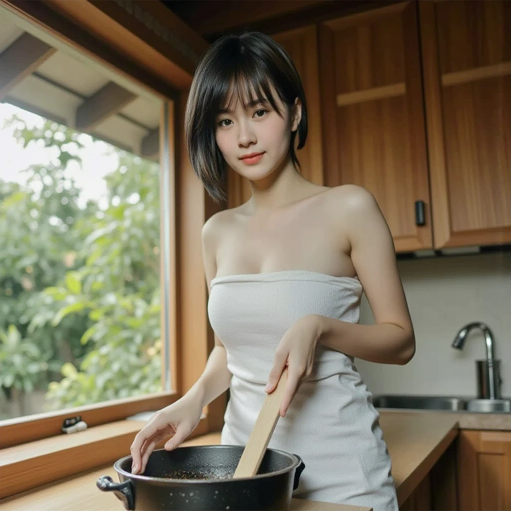 ((smallunderboob,Tomboyish,small heads)), (Well-defined abs: 1.1), (perfect bodies: 1.1), (short-length straighthair: 1.2), Black hair,attractive collarbone，（极其细致的CG 8k壁纸），（Extremely refined and beautiful），（tmasterpiece），（best qualtiy：1.0），（超高分辨率：1.0），upper body photos，[A high resolution]，A beautiful girl with a big tiger in her arms，cheerfulness，ssmile，Smooth and flawless fair skin，ultra - detailed ，Elongated legs，flatchest，Slim，emaciated，no-bra，White thong panties，Round butt，Tie a long apron，In a kitchen，In front of the stove，Cooking，Teal background，Close-up，zori，Faint light，