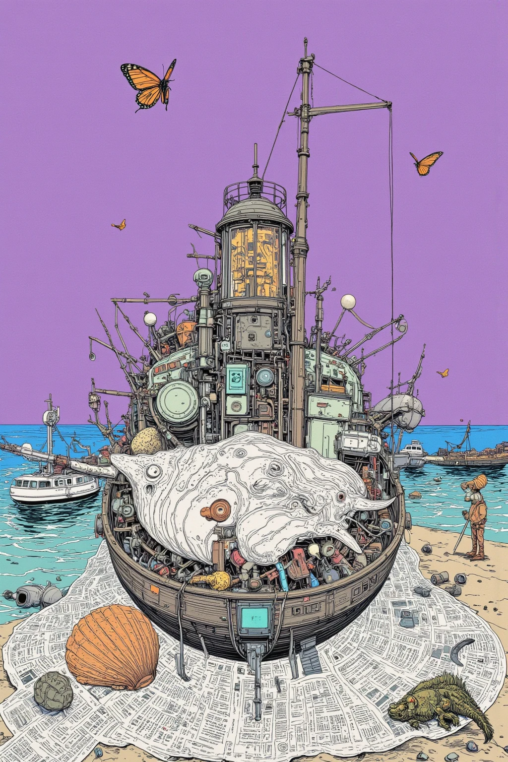 湖に浮かぶ英字新聞で出来た boatの想像上の画像,surreal collage, a contemporary artistic collage, collage artwork,   new album jacket,great job, digital collage, ( collage ), collage art, contemporary collage,mixed media collage,surreal + HD,surreal style,convertible, boat, purple sky, butterfly,shell,record,English newspaper ,The Inner World of the Autism Spectrum,surreal,Strange fish,British soldier