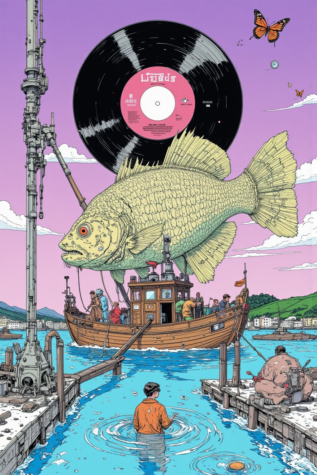 湖に浮かぶ英字新聞で出来た boatの想像上の画像,surreal collage, a contemporary artistic collage, collage artwork,   new album jacket,great job, digital collage, ( collage ), collage art, contemporary collage,mixed media collage,surreal + HD,surreal style,convertible, boat, purple sky, butterfly,shell,record,English newspaper ,The Inner World of the Autism Spectrum,surreal,Strange fish,British soldier