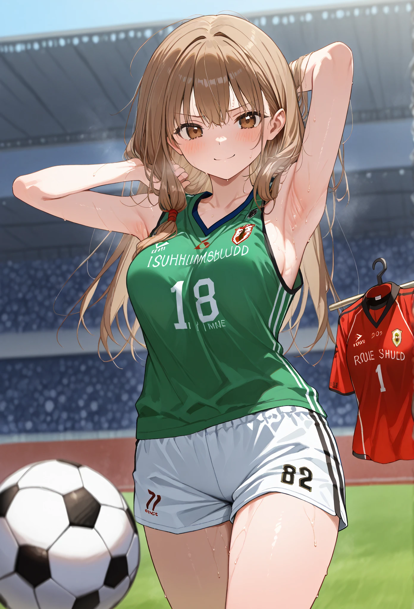 A girl with long pigtails of brown hair and pretty green eyes, framed by pale skin, stood smirking at Bakugo, her opponent in the U.A. Sports Festival. Her hands glowed a vibrant green, a testament to her quirk, Vital Surge, which allowed her to heal people. Clad in the standard gym uniform, she faced Bakugo with a mix of determination and confidence. The stadium buzzed with excitement, the audience eager to see how her healing abilities would fare against Bakugo's explosive power. The scene, rendered in the distinct, dynamic art style of My Hero Academia, captured the intensity of the moment as the battle commenced. ( good quality ) ( accurate gym uniform in MHA ) ( Background is very detailed from the sports festival ) ( ability magic very detailed) ( art style is very detail like the style of MHA )