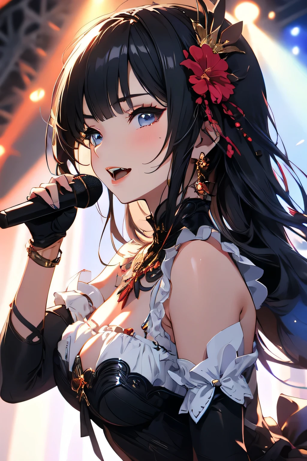 (panoramic in the Concert Venues), profile ((punk girls band style)) (in a sexy red rose dress) (a straight black hair long hair sexy femdom girl is Harpist, 18 yo, sexy detailed redeyes, blushing, sexy smile, bigboobs), (playing detailed harp), BREAK, perfect anatomy, masterpiece, best quality, 16k.