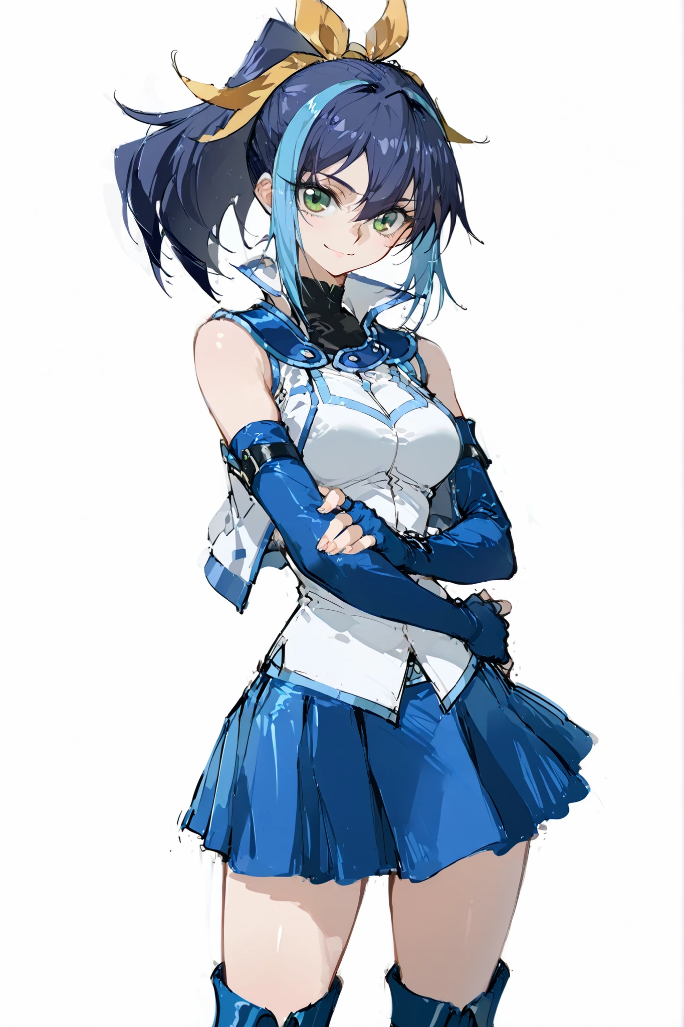 masterpiece, best quality, high quality, detailed, ultra detailed, hyper detailed, insanely detailed, exquisite, beautiful, FHD, Full-HD, 4K, 8K, 16K, highres, absurdres, One Girl ,Serena from Yu-Gi-Oh Arc-V, multicolored hair, blue hair, ponytail, hair bow, green eyes, breasts, , blue footwear, blue gloves, blue skirt, blue boots, duel academy uniform (yu-gi-oh! gx), elbow gloves, fingerless gloves, gloves, jacket, miniskirt, skirt, sleeveless, sleeveless jacket, sleeveless shirt, white jacket , (((concept art))) ,(((solo))) , cross one's arms, strong-minded , cowboy shot , Tempting smile ,White background , ( fold one's arms )
