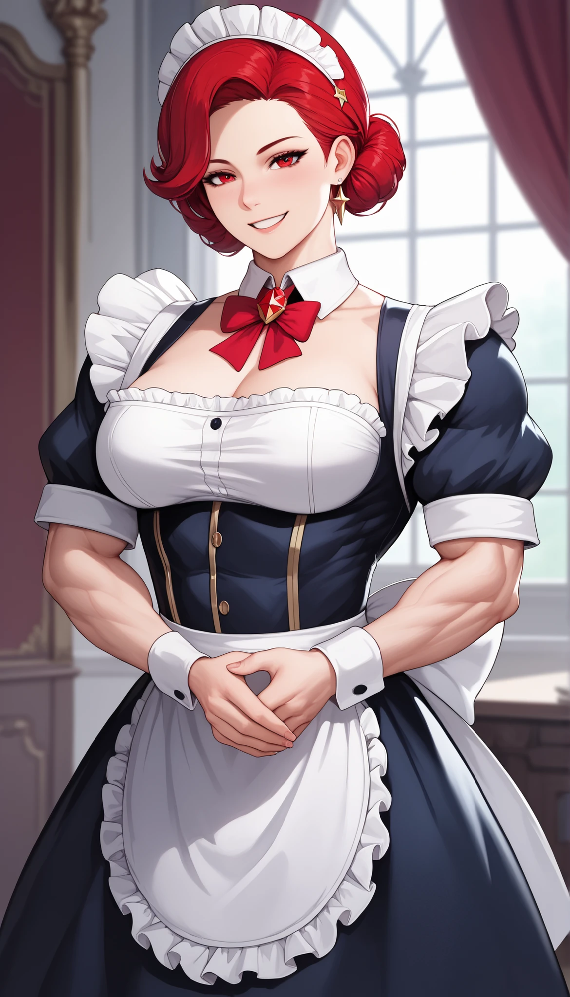 ((best quality)), ((masterpiece)), (detailed), perfect face, ((Best quality, 8k, Masterpiece: 1.3)), Sharp focus A beautiful woman, A maid showing off her muscles, she rolls up her sleeves to show off her arms, muscular muscles, strong arms, a smile of satisfaction, Red hair, medium length, cropped hair, Maid Apron, White Prim