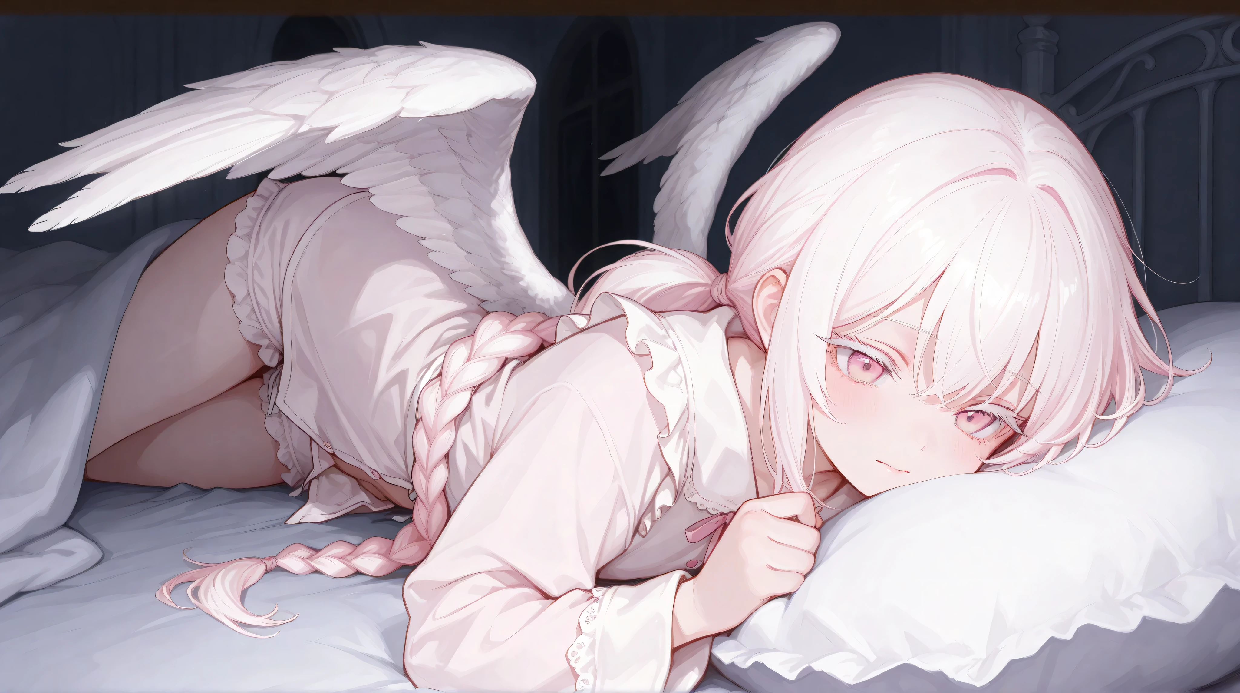 best quality, masterpiece, 748cmstyle, 1 Girl, Light pink eyes, White hair, Very long low double ponytail,twist braid,Light pink eyes, white eyelash ,in white pajamas,There are angel wings,little maid,lying in bed, one on the front and back