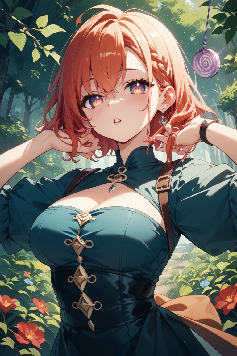 score_9, score_8_up, score_7_up, score_6_up, score_5_up, score_4_up, (((1girl))), ((sole female)), ZoeLoLXL, purple eyes, blue eye:1.1, heterochromia, orange hair, multicolored hair, gradient hair, long hair, single braid, hair ornament, forehead, Average breasts, green scarf, striped scarf, necklace, ((sleeves)), navel, thighhighs, intricate_details_xl, house, Lying down , No clothes, nude, (((breasts cumshot)))