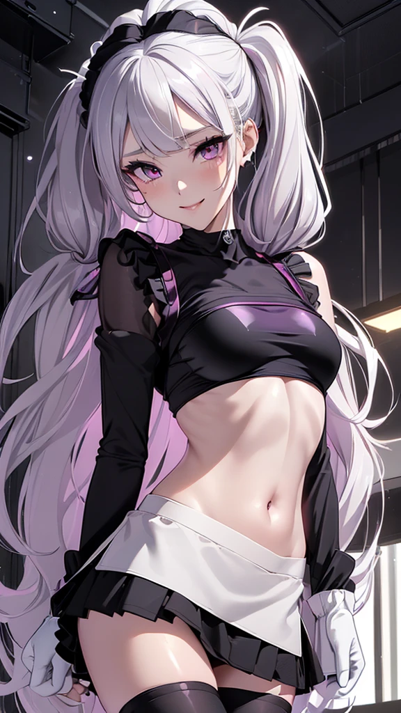 8k, highres, ultra detailed, (masterpiece:1.4), best quality, 1girl , black scrunchie, breasts , closed mouth , hair ornament , hair scrunchie , long hair , mesugaki , purple eyes , side ponytail , sleeveless dress , small breasts , smile , solo , tongue , tongue out , white dress, white hair