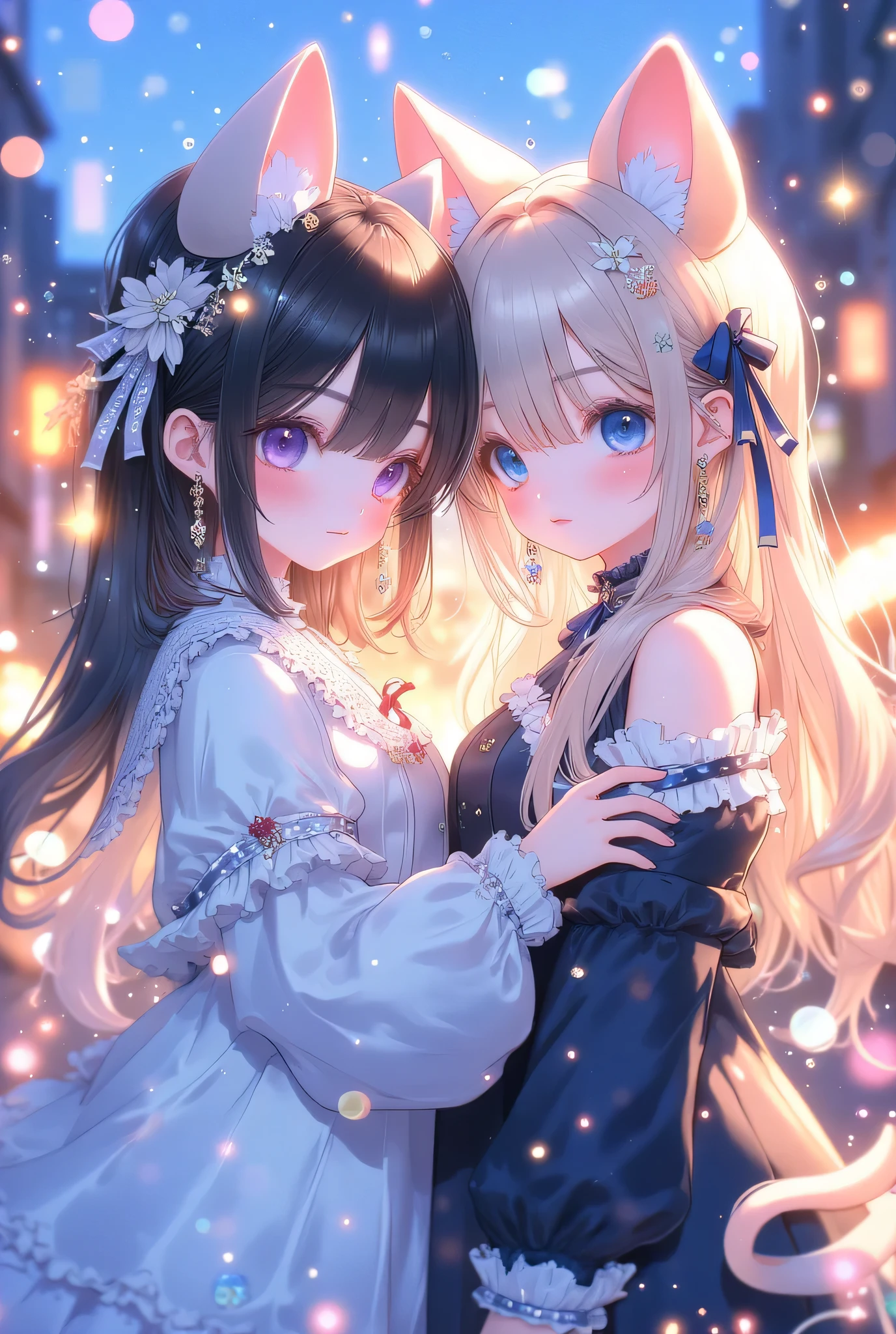 (EyesHD:1.2), masterpiece, best quality, ultra-detailed, very aesthetic, sharp focus, depth of field, vibrant colors, ray tracing, best lighting, detailed illustration, detailed background, cinematic, beautiful face,beautiful eyes,
cute 2girls,couple,
1girl,(((cat ears))),big breast,30yo,
1girl,(((Mouse ears))),flat breast,20yo,
at street,at night,