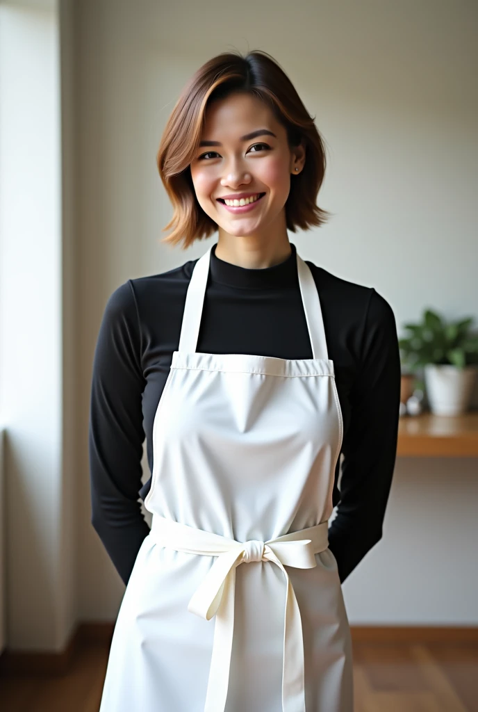 Masterpiece, Photogravure, High quality, Ultra-high resolution, 8K, Realistic, (Intricate details: 1.2), A skinny Japanese wife, 40 years old, {short|long} hair, cute face, no makeup, detailed face, beautiful eyes, detailed eyes, slender body, hourglass figure, anatomically correct body structure, (wearing a full-length apron: 1.4), looking into the camera. a photo captured at a kitchen filled with sunlight, white floor, white walls, cooking items, (plants: 0.8). full-body photo from various angles