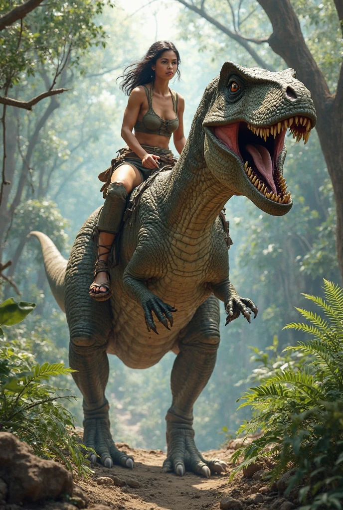Elf woman riding Japanese raptor dinosaur, 20s, moss growing on skin, disgusting, dirty