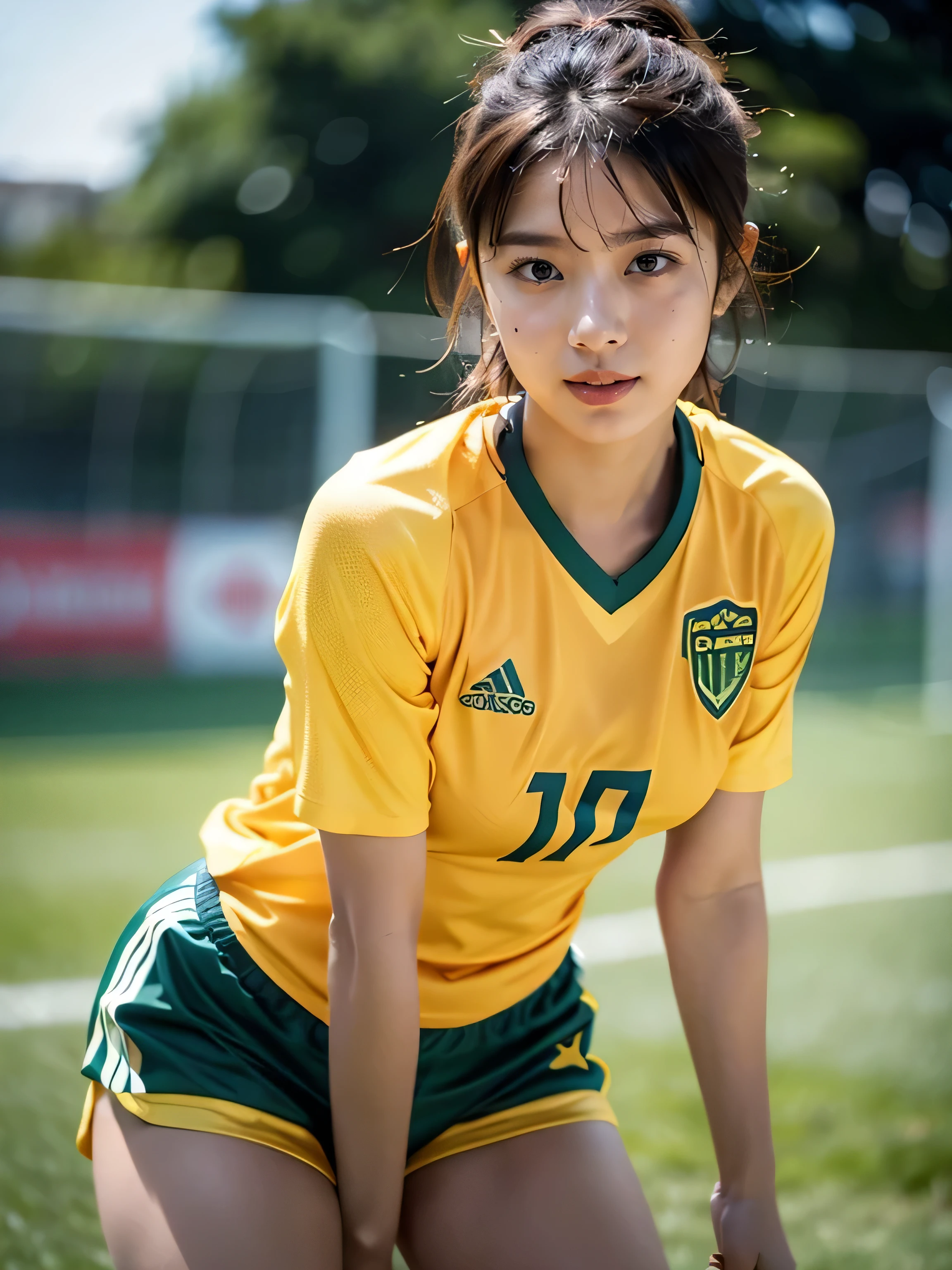 uma mulher de camisa amarela chutando uma bola de futebol em um campo, uma foto de Yoshihiko Wada, vencedor do concurso pixiv, Shin Hanga, the anime girl is running, arte oficial, 2 0 2 2 estilo anime, estilo anime 2022, Protagonista feminina 👀 :8, estilo de arte de anime de alta qualidade, estilo de anime limpo e detalhado, no estilo anime