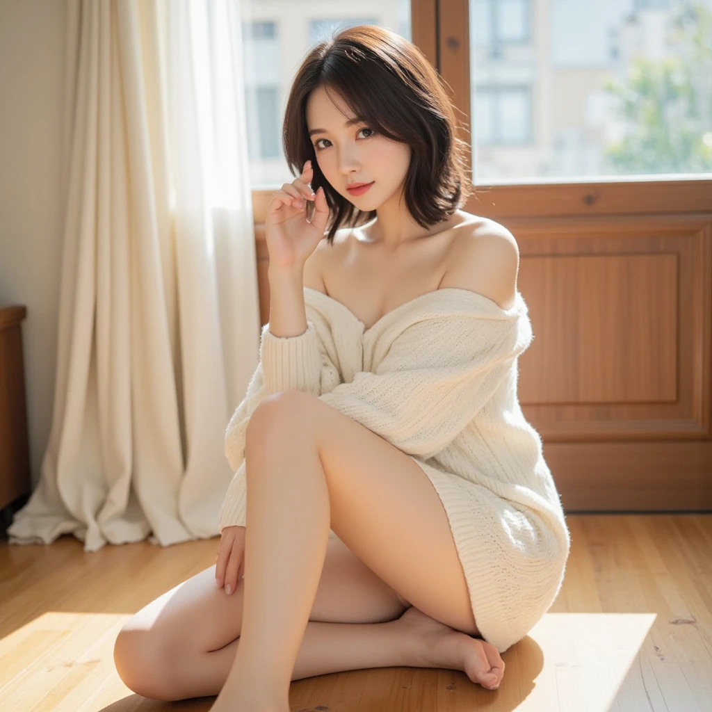 Highest quality, masterpiece, Ultra-high resolution, (Realistic:1.5), RAW Photos, One girl, Off the shoulder, In the Dark, Deep Shadow, Modest, Cold Light, Sexy Looks, short hair, Front teeth, Troubled face,、Bare legs、Bare thighs、Bent knees