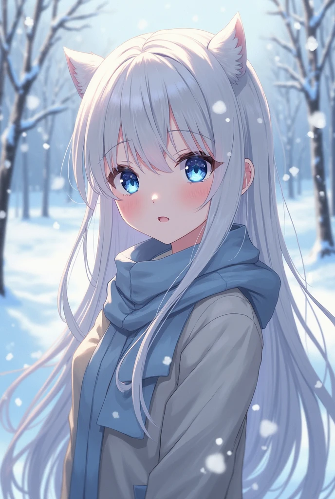 A white-haired anime girl with blue eyes is in a winter scene, perfect Gray Hairの girl, BEAUTIFUL ANIME STYLE PORTRAIT, beautiful anime girl, Gray Hairの, Gray Hairの女の子, BEAUTIFUL ANIME WOMAN, Gray Hairの deity, cute girl anime visual, Gray Hairの lady, Gray Hair, anime girl, Beautiful anime style , Cute Anime Girl, beautiful anime style