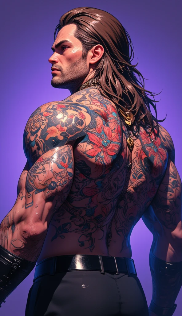 The back of a Yakuza boss、full back tattoo、Colorful rose flower tattoo