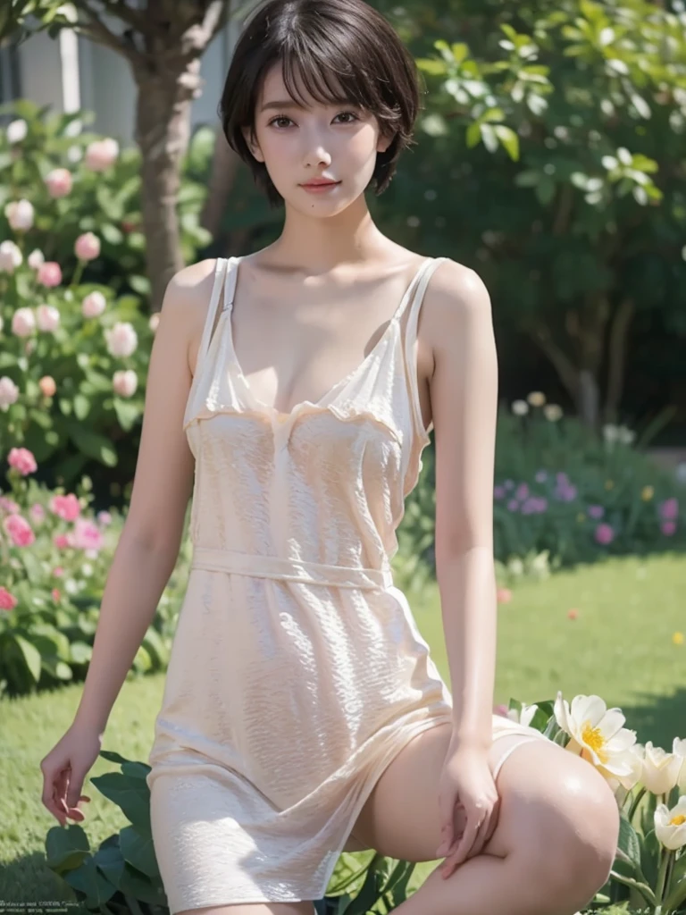 High resolution, Photorealistic, Extremely delicate and beautiful, Best Quality, Photo of 19yo beautiful Japanese woman in floral mini dress, bare shoulders, pale skin, delicate figure, leaning on a wicker peacock chair with a large backrest,