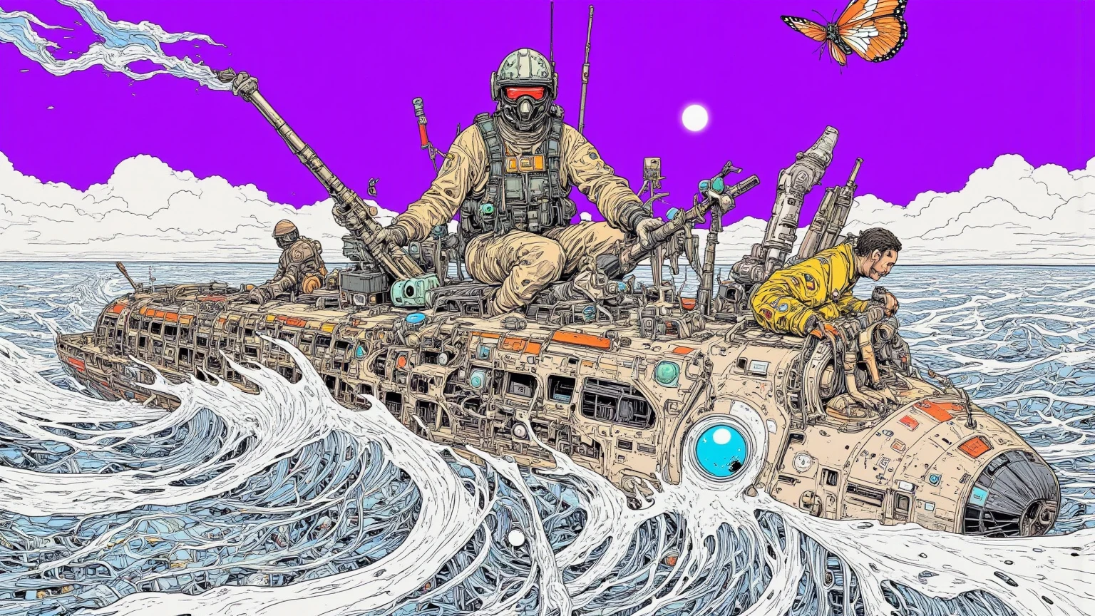 湖に浮かぶ英字新聞で出来た boatの想像上の画像,surreal collage, a contemporary artistic collage, collage artwork,   new album jacket,great job, digital collage, ( collage ), collage art, contemporary collage,mixed media collage,surreal + HD,surreal style,convertible, boat, purple sky, butterfly,shell,record,English newspaper ,The Inner World of the Autism Spectrum,surreal,Strange fish,British soldier