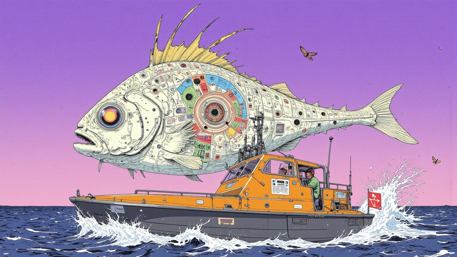 湖に浮かぶ英字新聞で出来た boatの想像上の画像,surreal collage, a contemporary artistic collage, collage artwork,   new album jacket,great job, digital collage, ( collage ), collage art, contemporary collage,mixed media collage,surreal + HD,surreal style,convertible, boat, purple sky, butterfly,shell,record,English newspaper ,The Inner World of the Autism Spectrum,surreal,Strange fish,British soldier