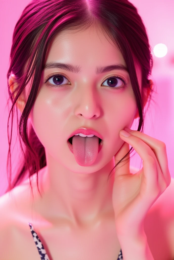 (highest quality、Tabletop、8k、Best image quality、Award-winning works)、One beautiful woman、Perfect Makeup、Lustrous and bright lips、Accurate anatomy、(Tongue close-up:1.5)、(nude:1.2)、Ultra-high definition beauty face、Ultra HD Hair、Super high quality sparkling eyes、(Ultra-high resolution glossy skin:1.1)、Super high quality glossy lip、(Open your mouth and extend your tongue:1.2)、(Perfect beautiful wet tongue:1.2)、(A wet tongue covered in saliva:1.2)、(Pale pink plain background:1.1)、black brown hair、Sweaty skin、(A beautiful, moist and shiny tongue:1.1)、Facing straight ahead