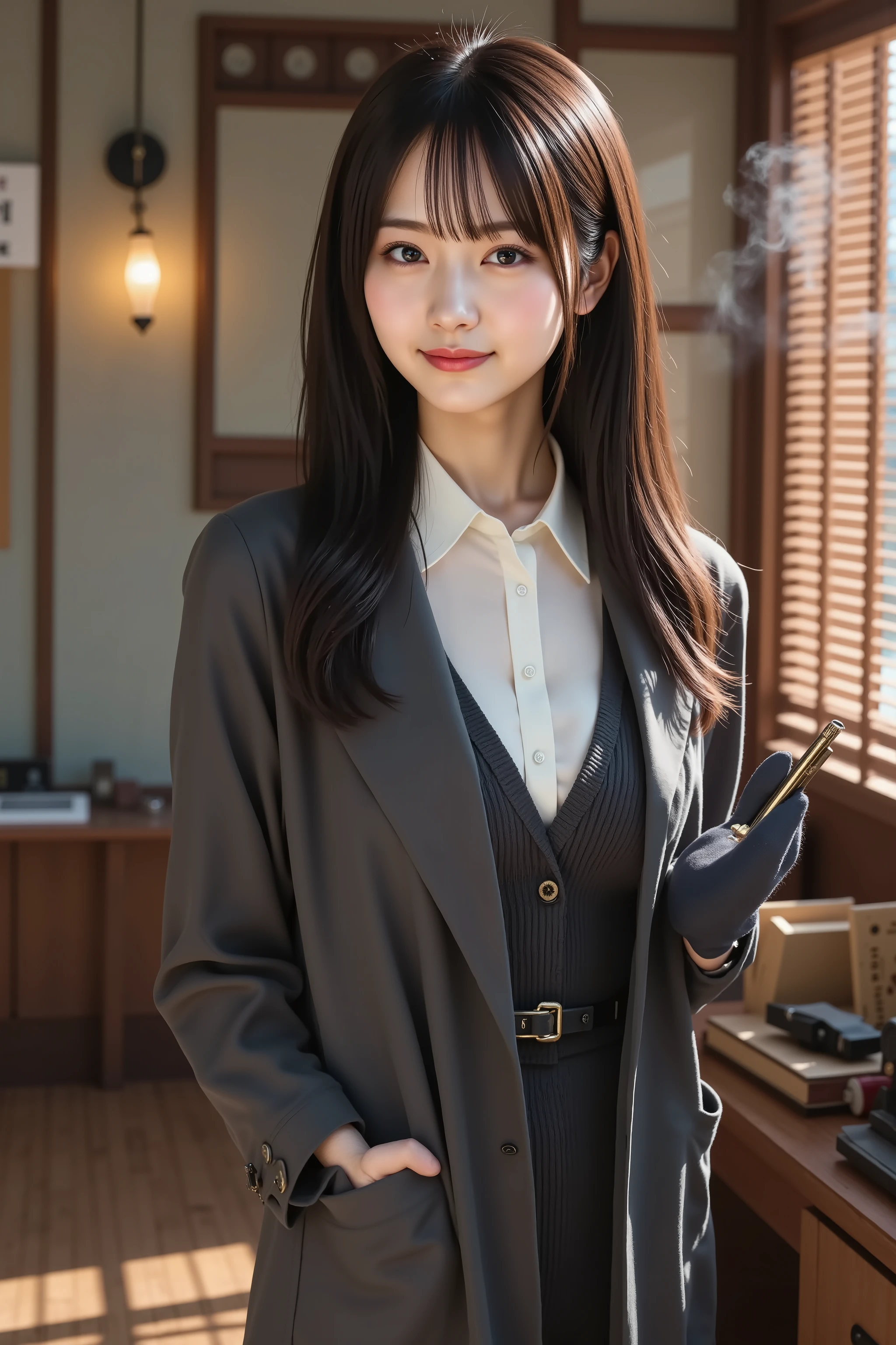 haruka, huge breast, cleavage, a highly detailed, ultra-realistic digital illustration of a beautiful young Asian female detective standing confidently inside a dimly lit, vintage detective office tucked within a quiet city alleyway, inspired by classic noir and mystery fiction. She is captured in a medium close-up shot, ensuring her entire head is visible with appropriate headroom while focusing on her from the thighs up. Her long, flowing black hair is slightly tousled and tied back in a practical low ponytail, with loose strands and delicate bangs framing her sharp, perceptive face. Her deep, focused eyes reflect the warm glow of a desk lamp, and her expression is serious, calm, and quietly calculating. She wears a sharp, era-inspired detective’s outfit—consisting of a dark gray tailored trench coat with a structured collar, worn open over a charcoal vest and crisp white dress shirt with rolled-up sleeves, the neckline slightly relaxed for mobility. A leather shoulder holster is partially visible beneath the coat, and her waist is cinched with a belt holding a small notepad, pen, and magnifying glass. Her gloves are fingerless and practical, subtly smudged with graphite and dust, hinting at her fieldwork. A thick case file with scattered black-and-white photos and scribbled notes lies open on her desk, while an antique revolver rests nearby for emergencies. The background reveals the richly textured interior of a private investigator’s office—wooden floorboards, filing cabinets filled with old cases, cluttered corkboards pinned with red-threaded evidence, a vintage rotary phone, and a frosted glass door labeled “Private Detective.” Venetian blinds cast striped shadows from a flickering streetlamp outside, while cigarette smoke curls lazily in the air, illuminated by warm, moody lighting. The entire scene captures the tension, intelligence, and gritty elegance of detective work, blending analytical prowess, vintage charm, and cinematic mystery in a richly atmosphe