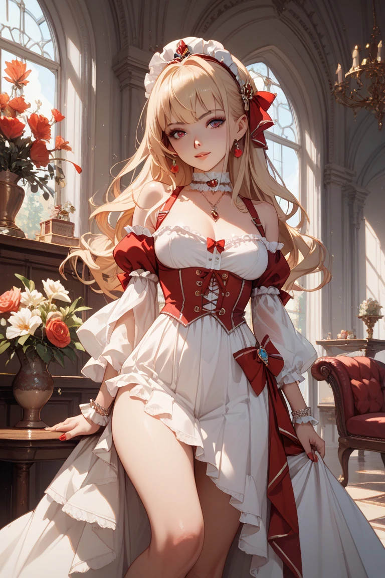masterpiece, best quality, highres, 1girl red eyeshadow blue eyes makeup, hair ribbon maid headdress white apron detached collar bow frills detached sleeves black gloves black thighhighs lace-trimmed legwear garter straps red dress <lora:howe_pastry_princess:1> sitting, wariza, arm support