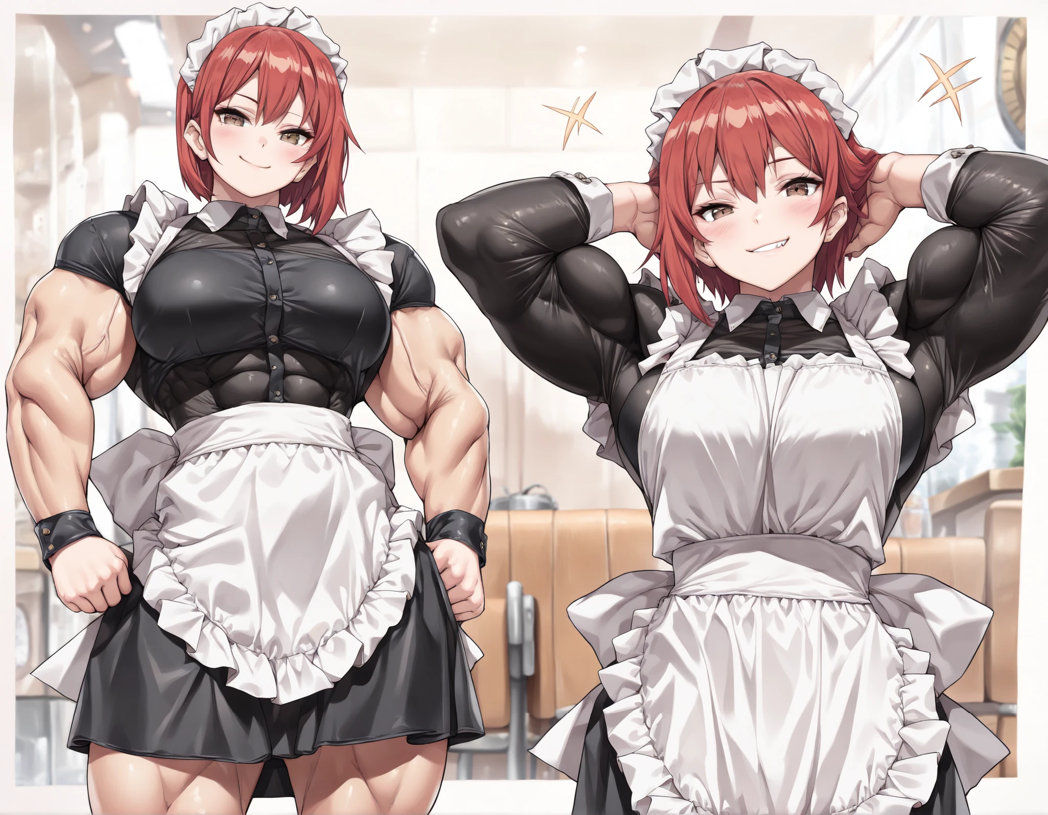 ((best quality)), ((masterpiece)), (detailed), perfect face, ((Best quality, 8k, Masterpiece: 1.3)), Sharp focus A beautiful woman, A maid showing off her muscles, she rolls up her sleeves to show off her arms, muscular muscles, strong arms, a smile of satisfaction, Red hair, medium length, cropped hair, Maid Apron, White Prim