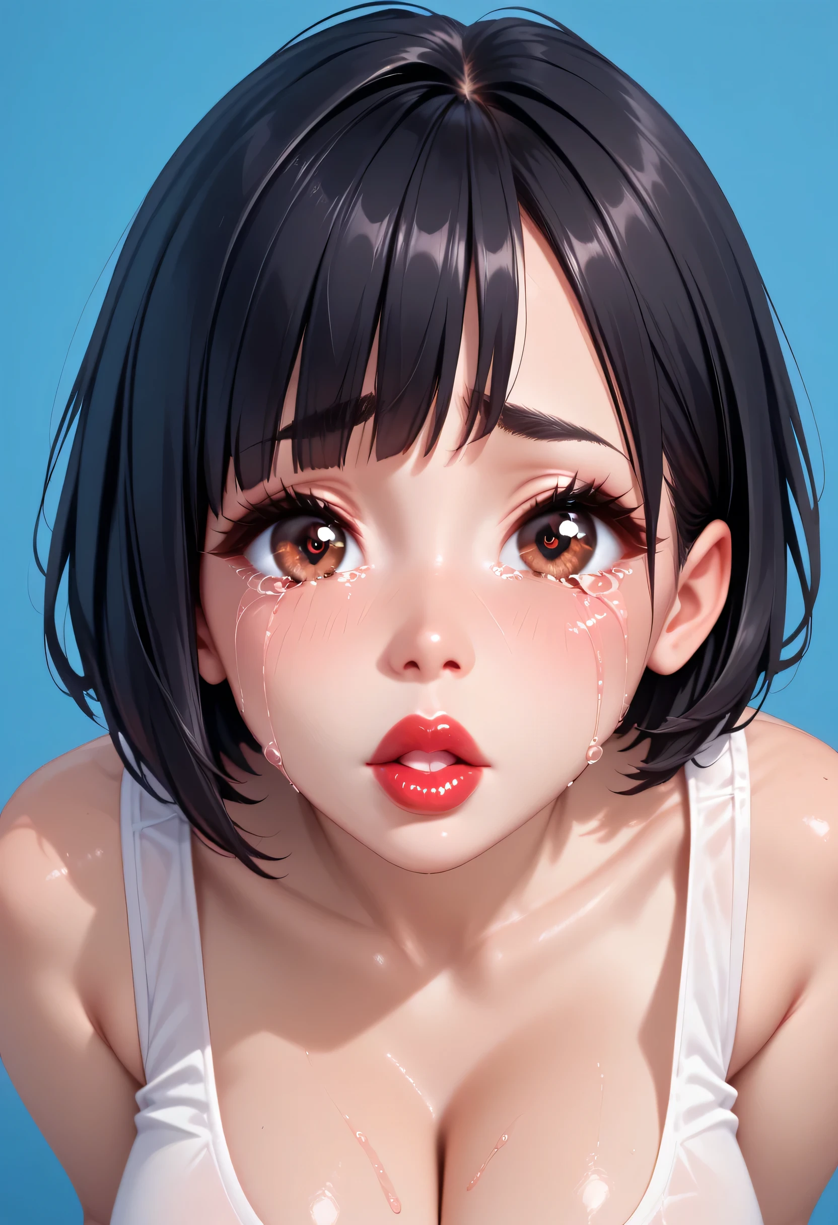 1girl, (perfect face), detailed pupils, feminine, ((large breasts)), white round tank top, looking at viewer, black hair, short hair, black eyebrows, thin eyebrows, brown eyes, (big eyes, crying eyes, sad face), black eyeliners, thick lips, red lips, (open lips), blue background