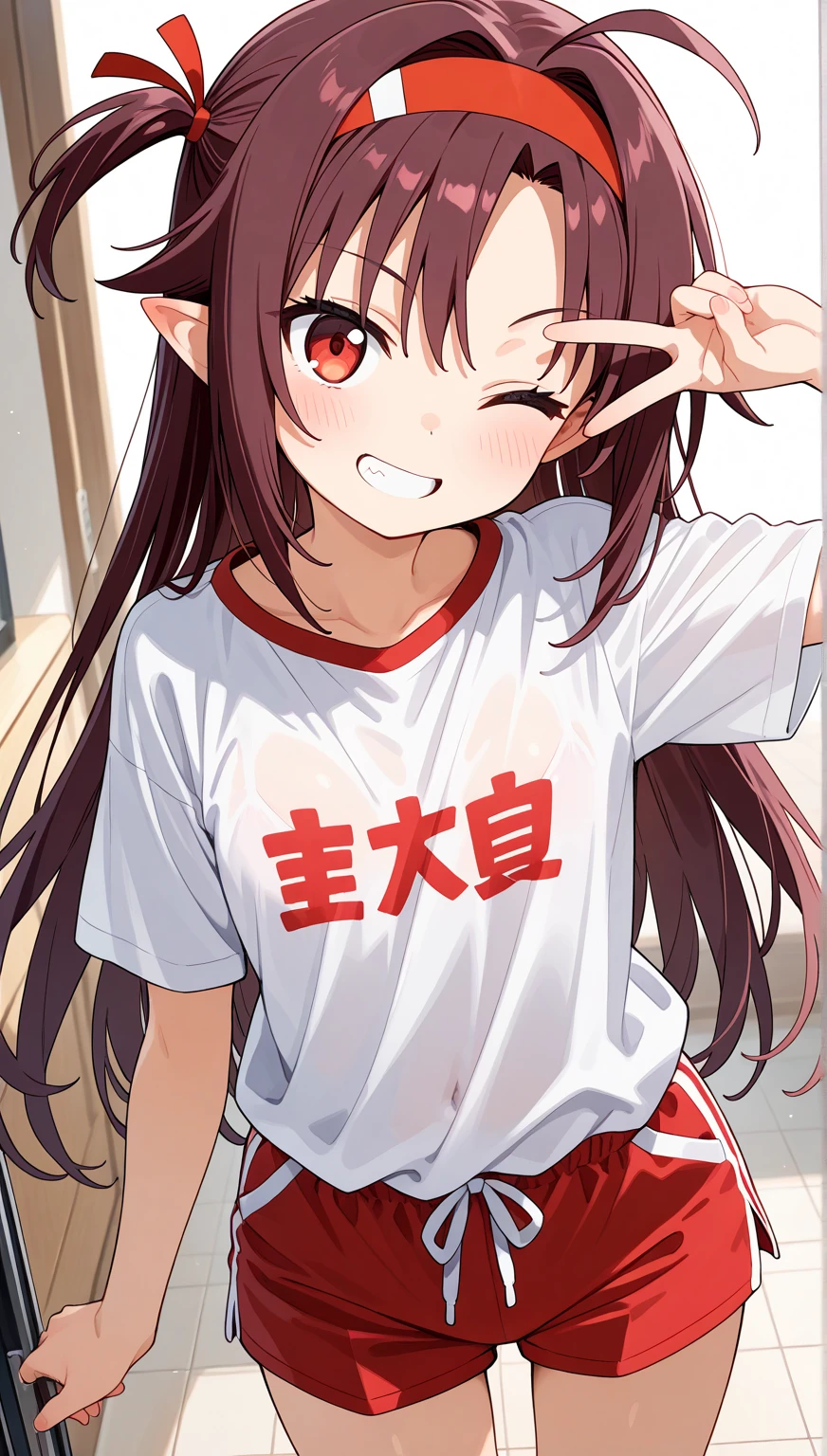 (((((whole body)))))、Utsuho, This is a very cute gym uniform 、smile,、Cowboy Shot、stylish pose、tall、