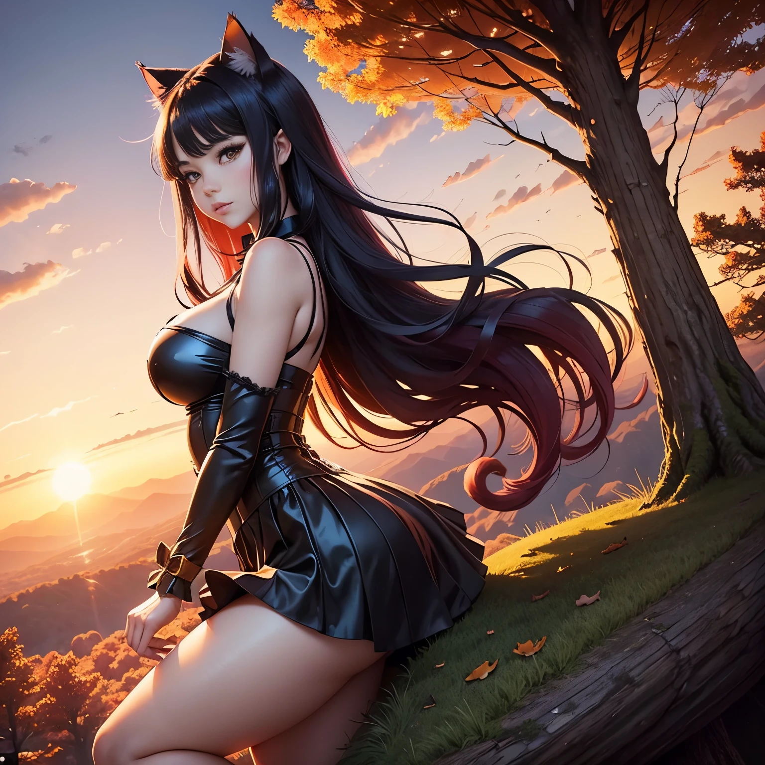 cheered up: A beautiful feline woman standing on top of a giant tree on top of a mountain surrounded by trees looking at the horizon. Wear a black outfit, Short skirt. Long black pink hair,curvy body. sunset, orange sun, vivid colors, red horizon,sunset. anime woman, cat ears, Cat&#39;s tail, beautiful detailed face, beautiful detailed feline eyes, detailed body, sexy position. At the top of a tree. At the top of a huge tree